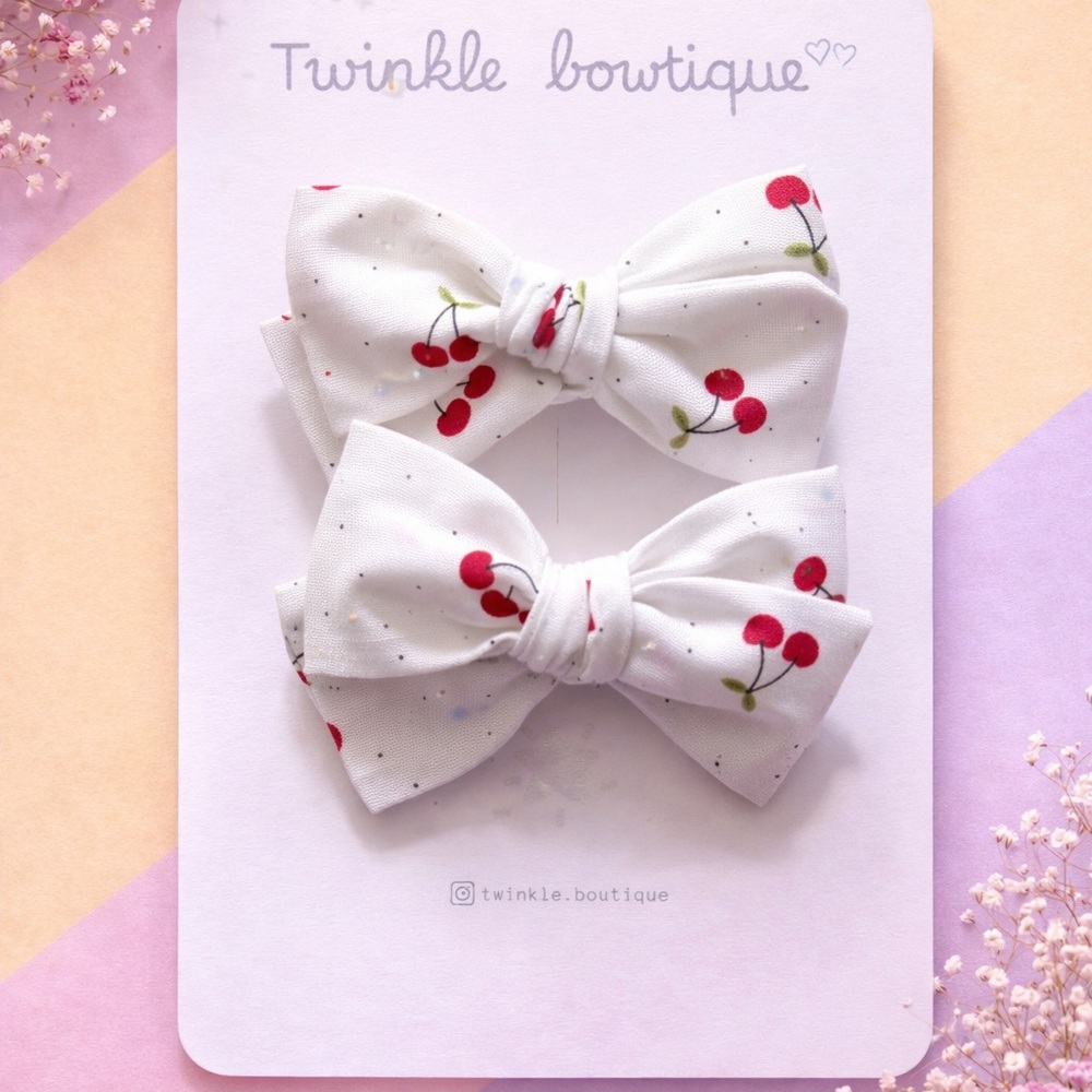 Twinkle Boutique Cherry Print Hair Bows - White